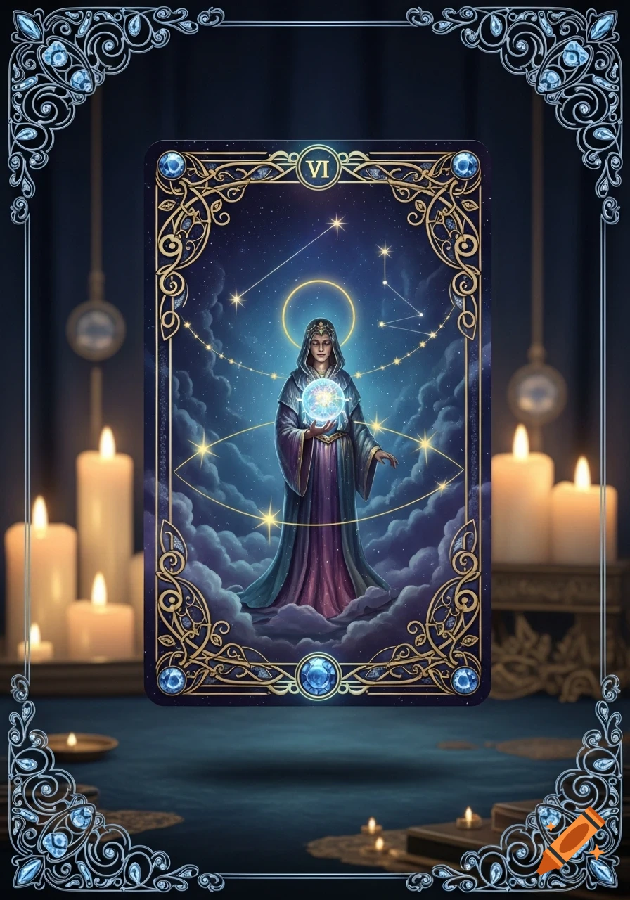 A mystical tarot card, number VI, showing a robed figure holding a glowing orb under constellations, with ornate borders and candles.