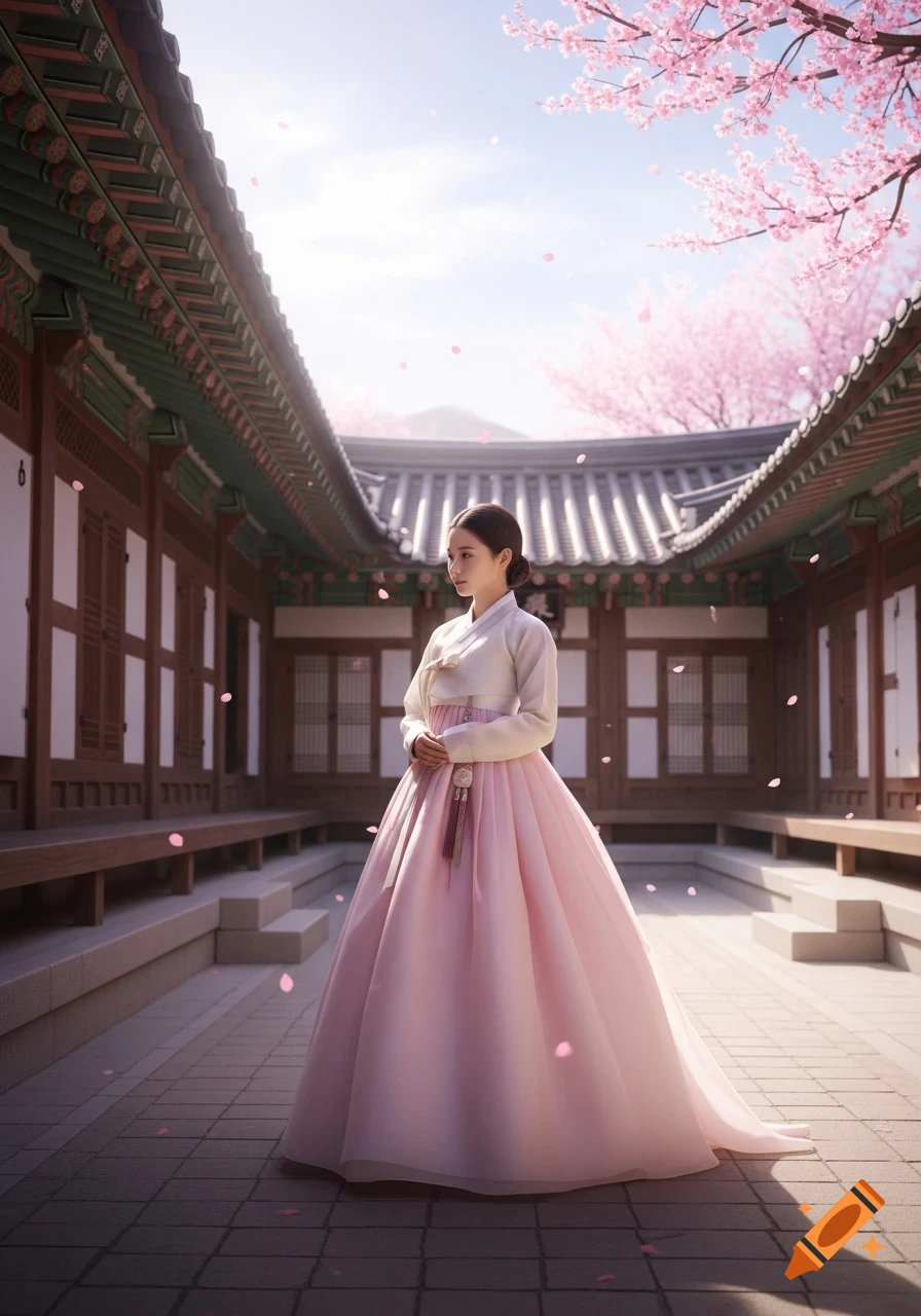Photorealistic Korean woman in a pink hanbok standing in a traditional courtyard under pink cherry blossoms.