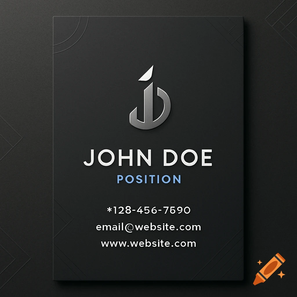 Dark grey minimalist business card with a metallic 'JD' logo, 'JOHN DOE', 'POSITION', and contact information in white and blue text.
