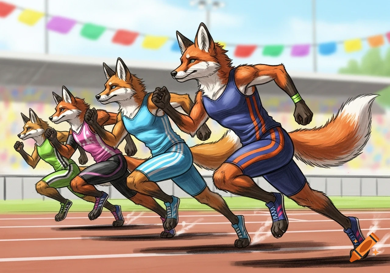 Four anthropomorphic foxes, wearing colorful athletic gear, sprint down a running track in a stadium.