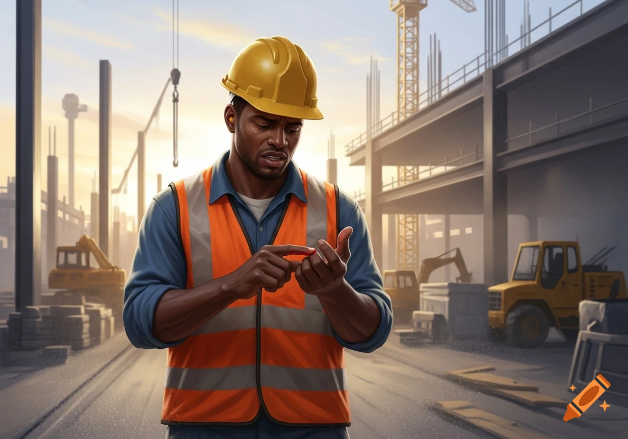 A Black construction worker in a hard hat and safety vest looks at his injured finger on a construction site.