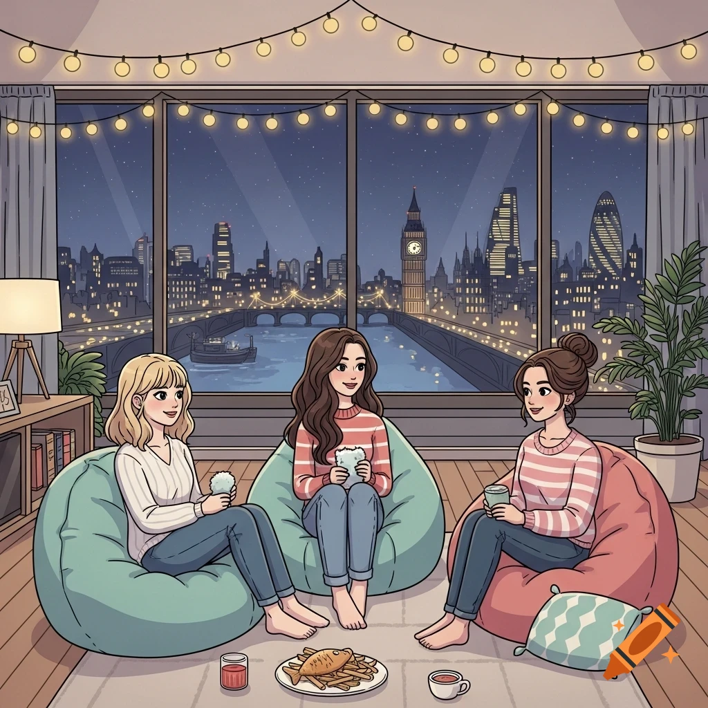 Three women in a cozy penthouse apartment with a view of London at night, sitting on beanbags with string lights overhead, in a cute cartoon style.