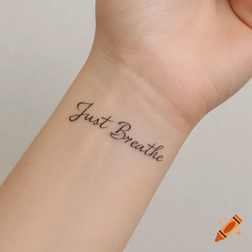 A close-up of a person's inner wrist with a delicate 'Just Breathe' tattoo in cursive script.
