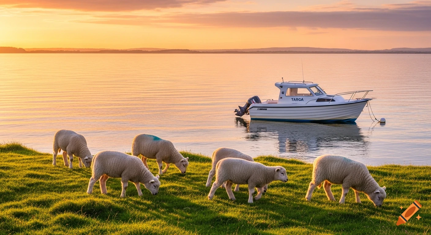 Several sheep graze on a grassy shoreline with a white Targa boat on calm water at sunset, photorealistic.
