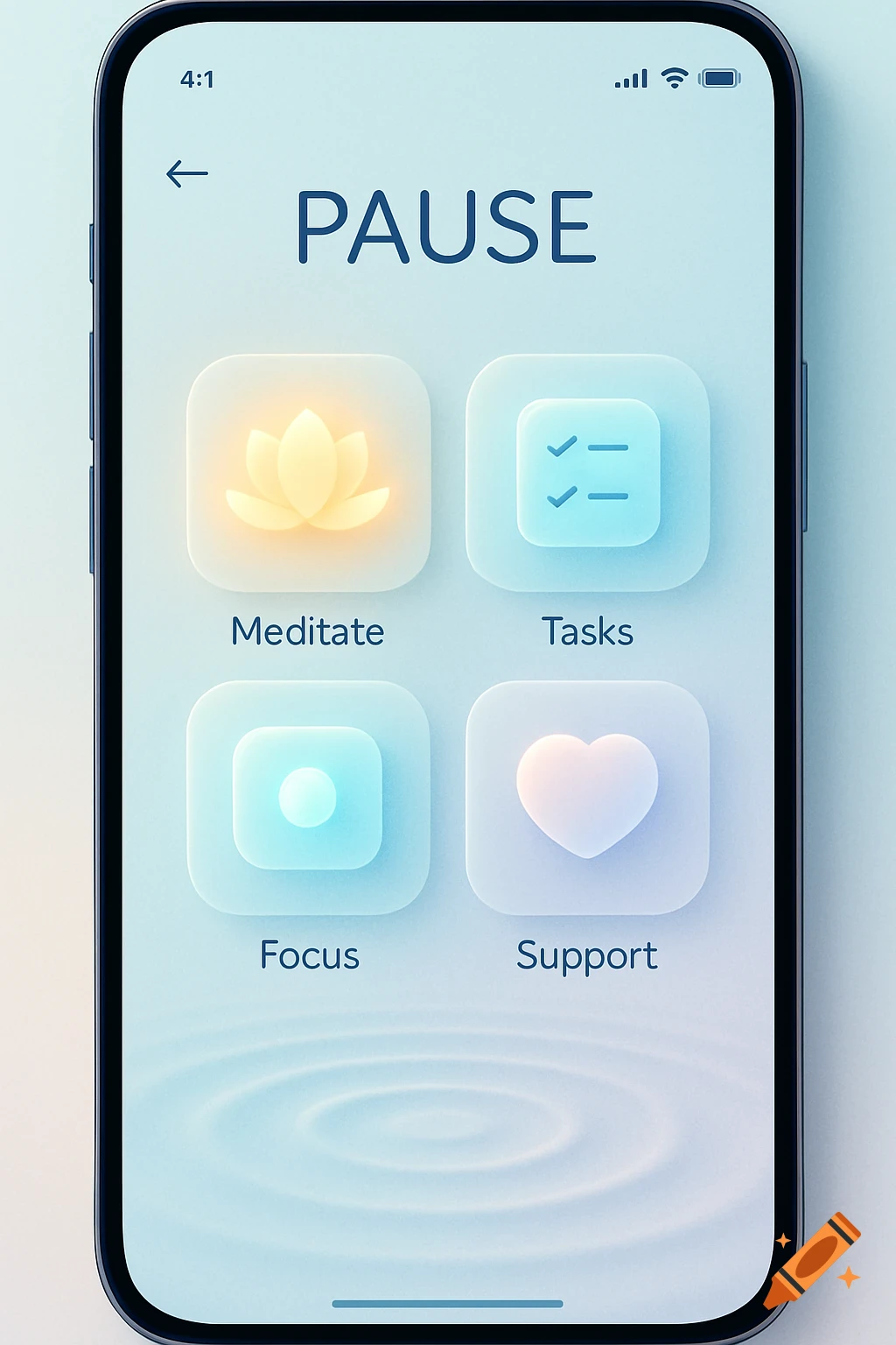 Mobile phone displaying a wellness app interface with 'PAUSE' title and icons for 'Meditate', 'Tasks', 'Focus', and 'Support'.