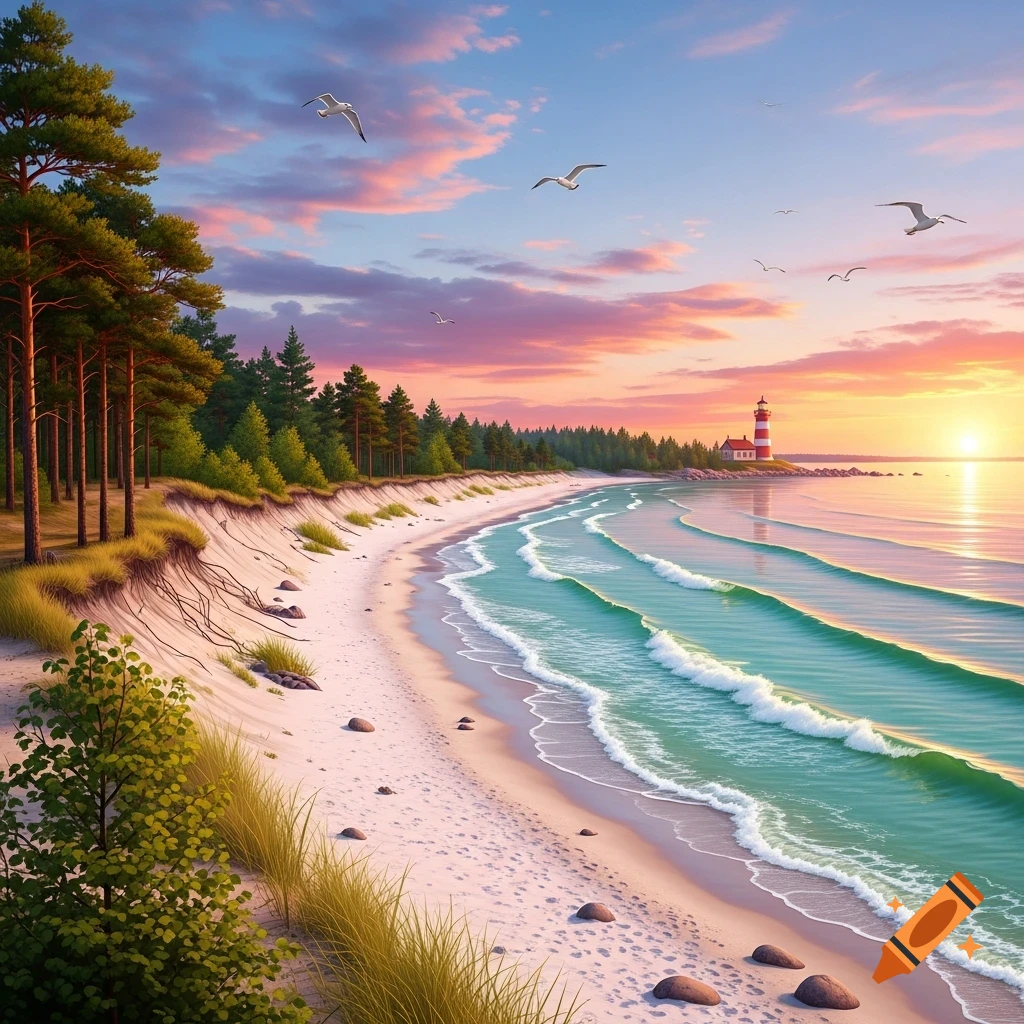 A serene photorealistic landscape of a sandy beach with pine trees, a lighthouse, and ocean waves under a vibrant sunset.