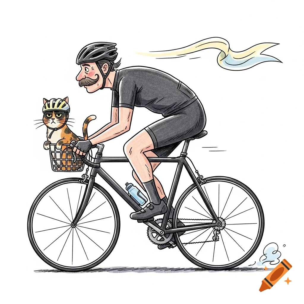 Hand-sketched comic of a mustached man cycling a road bike with an unimpressed cat in a helmet in the front basket.