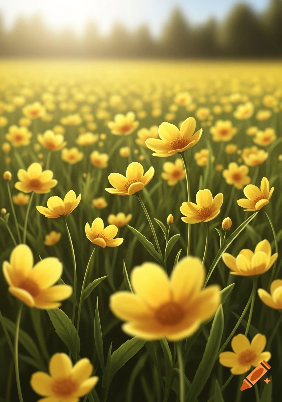 A vibrant field of small yellow flowers with green stems under a bright, slightly hazy sky.