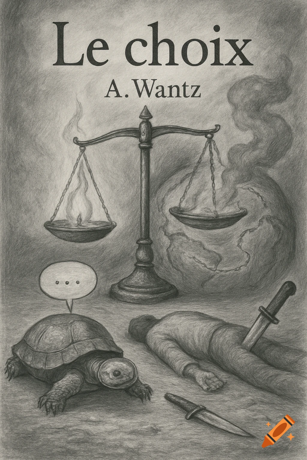 Grayscale pencil drawing of a horror book cover titled 'Le choix' by A. Wantz, showing a turtle, a dead body with a knife, and a balance scale.
