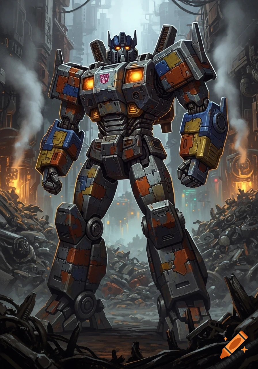 A rusty, colorful Transformer-like robot stands in a junkyard, with an industrial city in the background, in a detailed comic art style.