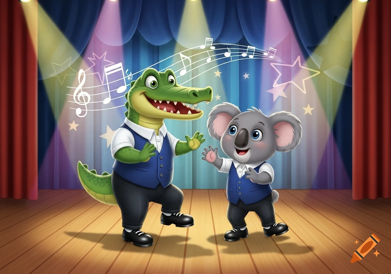 Happy cartoon alligator and koala in vests tap dancing on a stage with musical notes and spotlights.