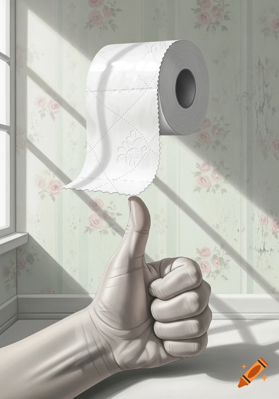 A large hand giving a thumbs-up gesture balances a roll of toilet paper against floral wallpaper with window shadows.