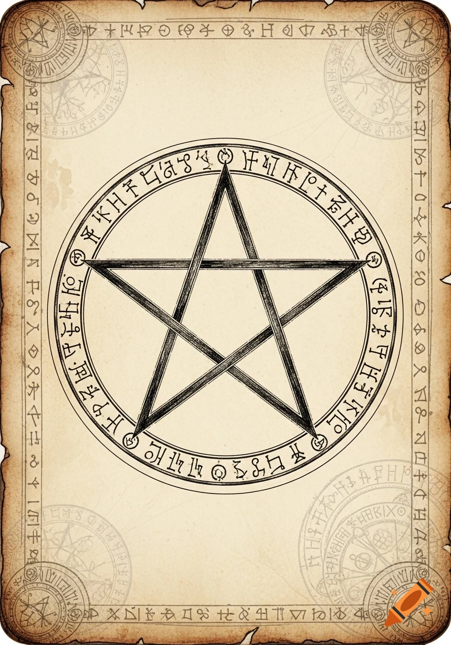 A vintage-style page featuring a central pentacle symbol, surrounded by magical runes and faded mystical diagrams, on aged, torn paper.