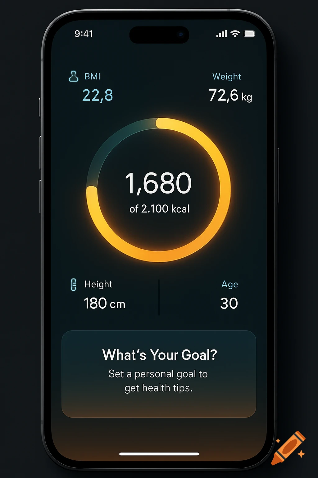 A close-up of a smartphone displaying a dark-themed health tracking app. The screen shows BMI, weight, height, age, and a progress circle for calorie intake.