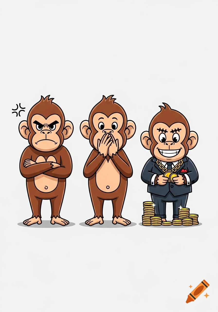 Three cartoon monkeys: one angry with crossed arms, one covering its mouth, and one rich-looking counting gold coins.