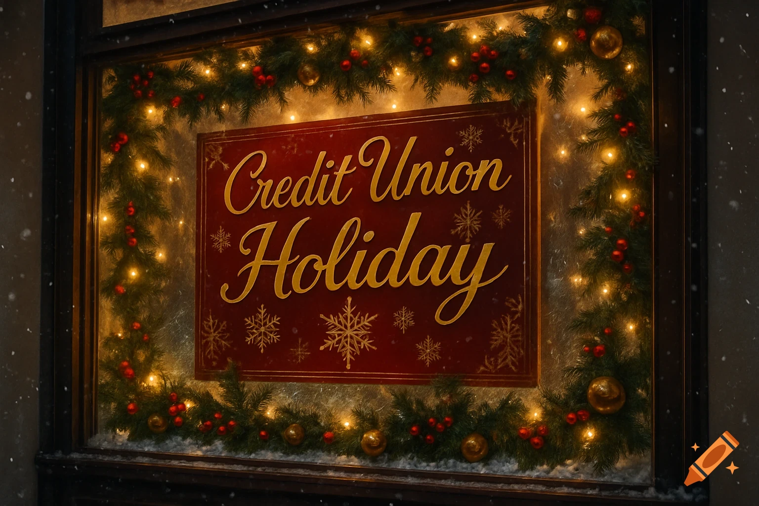 A festive window display with a red sign reading 'Credit Union Holiday,' surrounded by garland, lights, berries, and snow.