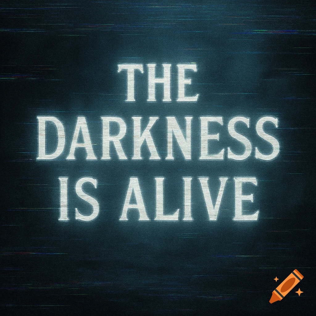 White glowing text 'THE DARKNESS IS ALIVE' on a dark, grainy background with blue and red glitch lines.