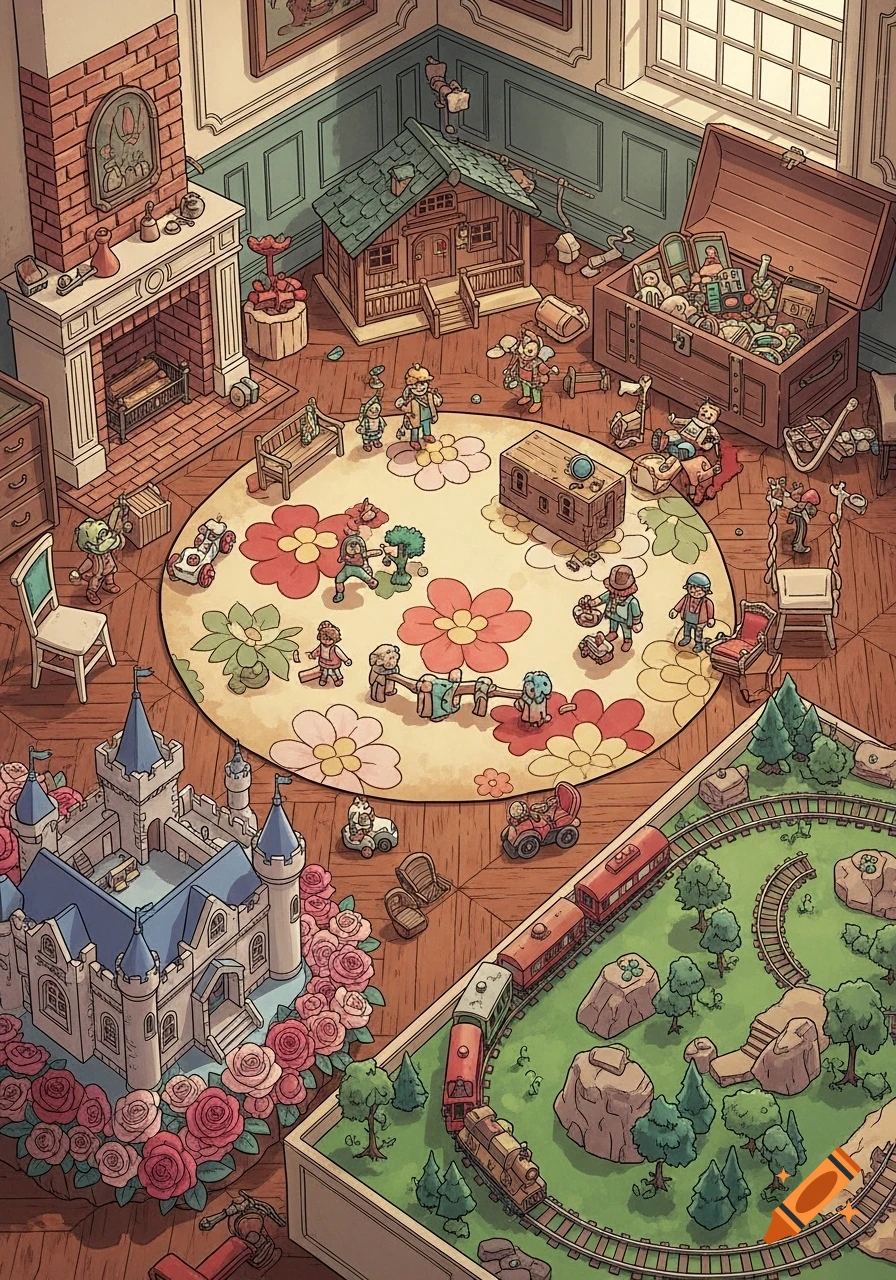 An isometric illustration of a cluttered toy store interior featuring a dollhouse castle, a miniature train set, a fireplace, and various toys scattered on a floral rug.