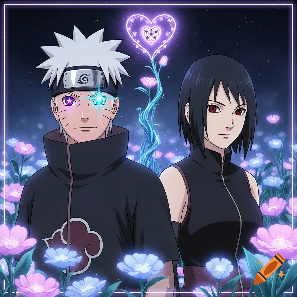 An anime illustration of Dseyia Uzumaki and Mira Uchiha standing in a field of glowing pink and blue flowers under a starry night sky, framed by neon purple.