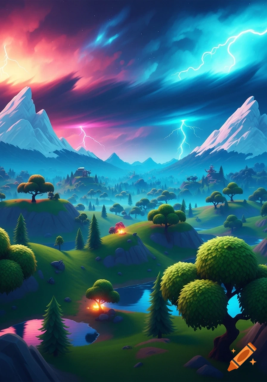 A vibrant, stylized landscape in Fortnite style with snow-capped mountains, green rolling hills, rivers, a neon pink and blue stormy sky with lightning, and scattered trees.