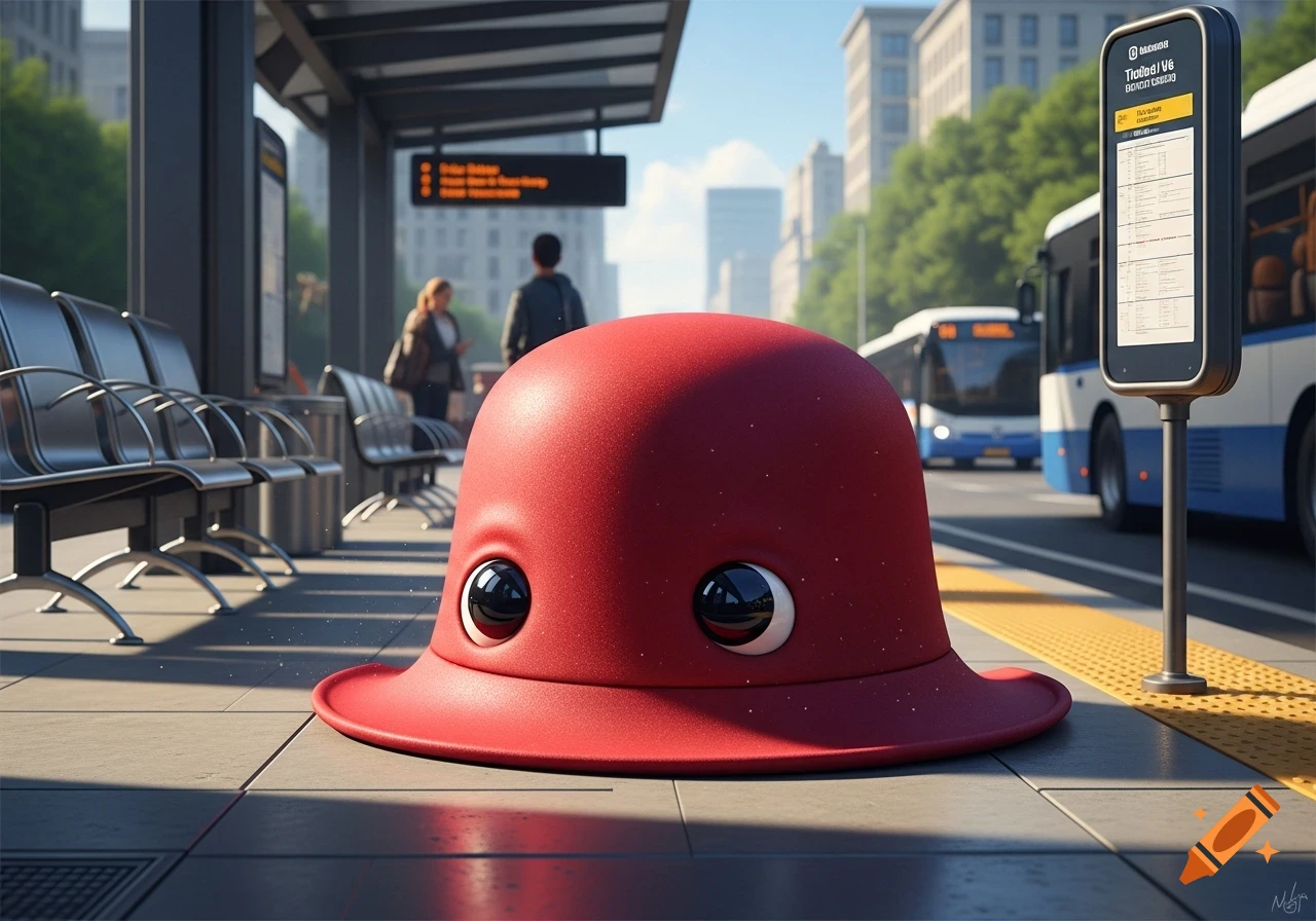 A cute red hat with large eyes sits on the ground at a bus station, waiting for a bus in an urban setting. Photorealistic style.