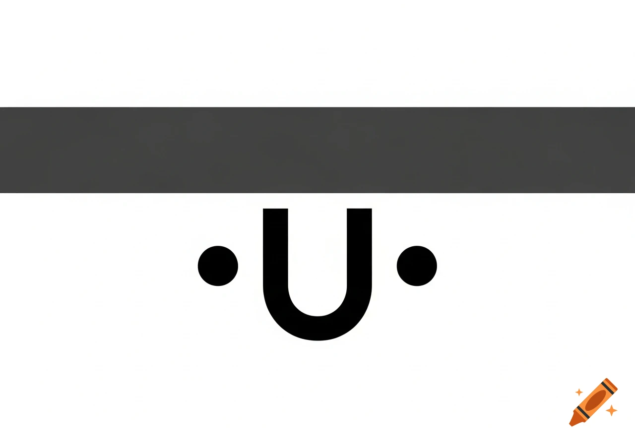 A minimalist digital graphic featuring a dark gray bar across the top and a black U-shape flanked by two black dots on a white background.