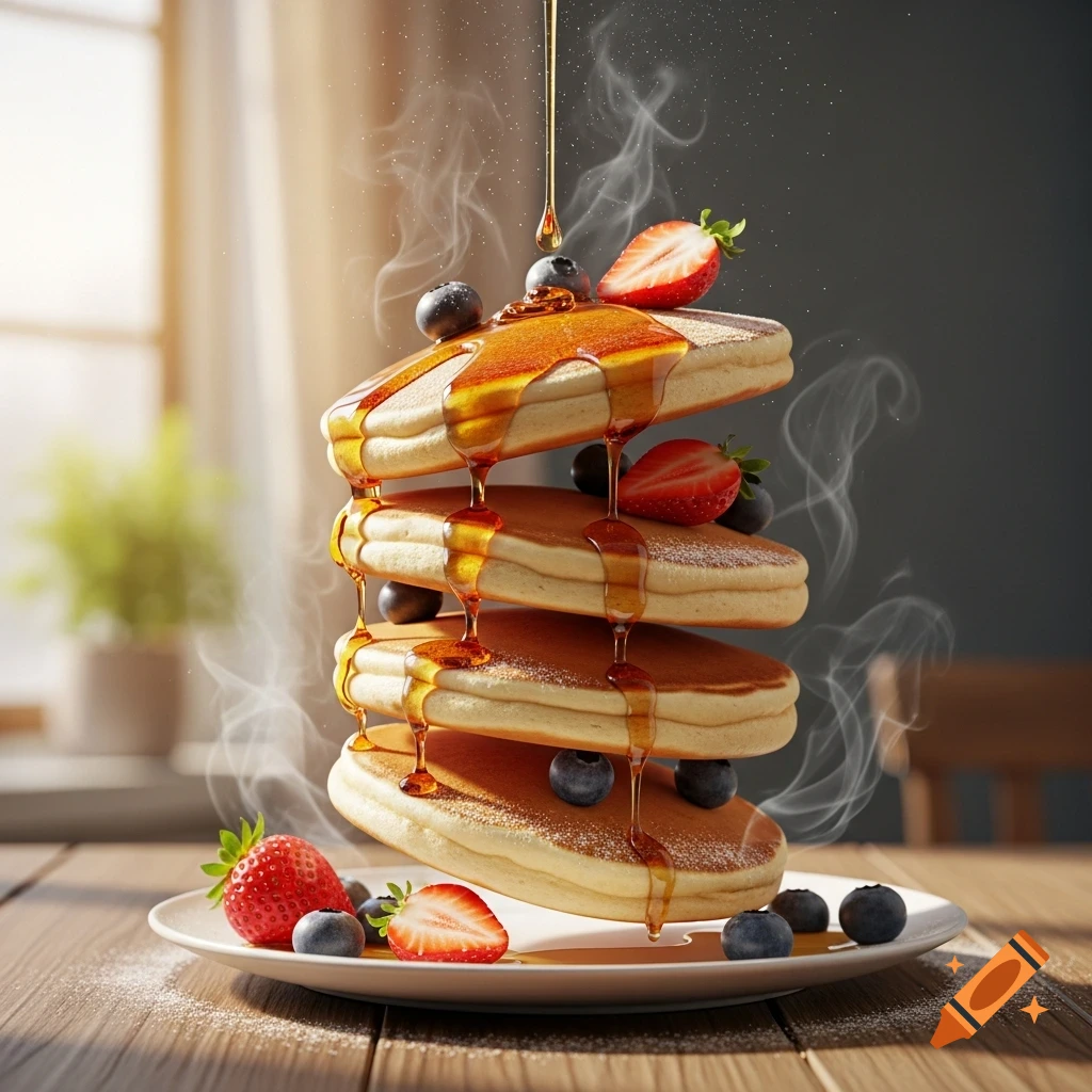 Photorealistic stack of pancakes topped with dripping syrup, fresh strawberries, and blueberries, with steam rising.