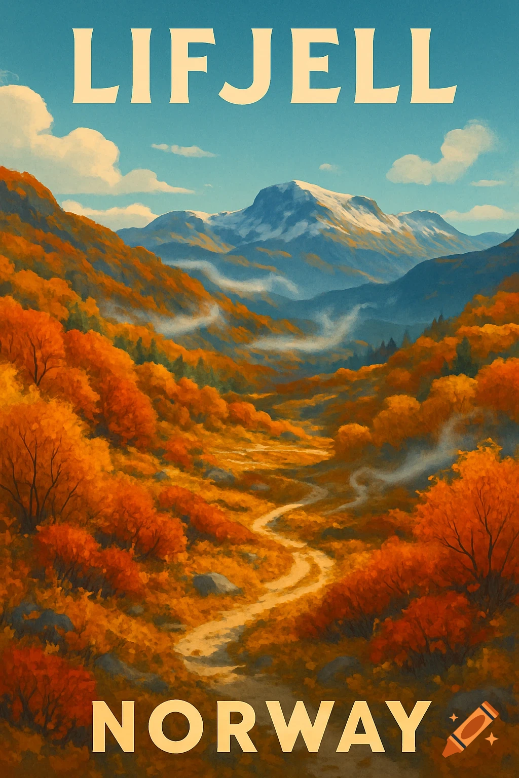 Autumn travel poster for Lifjell, Norway, featuring vibrant orange and red mountains, a winding path, and snow-capped peaks.