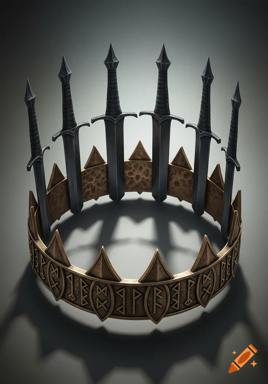 A bronze circlet inscribed with runes, topped with nine black iron longswords forming a crown, against a dark grey background.