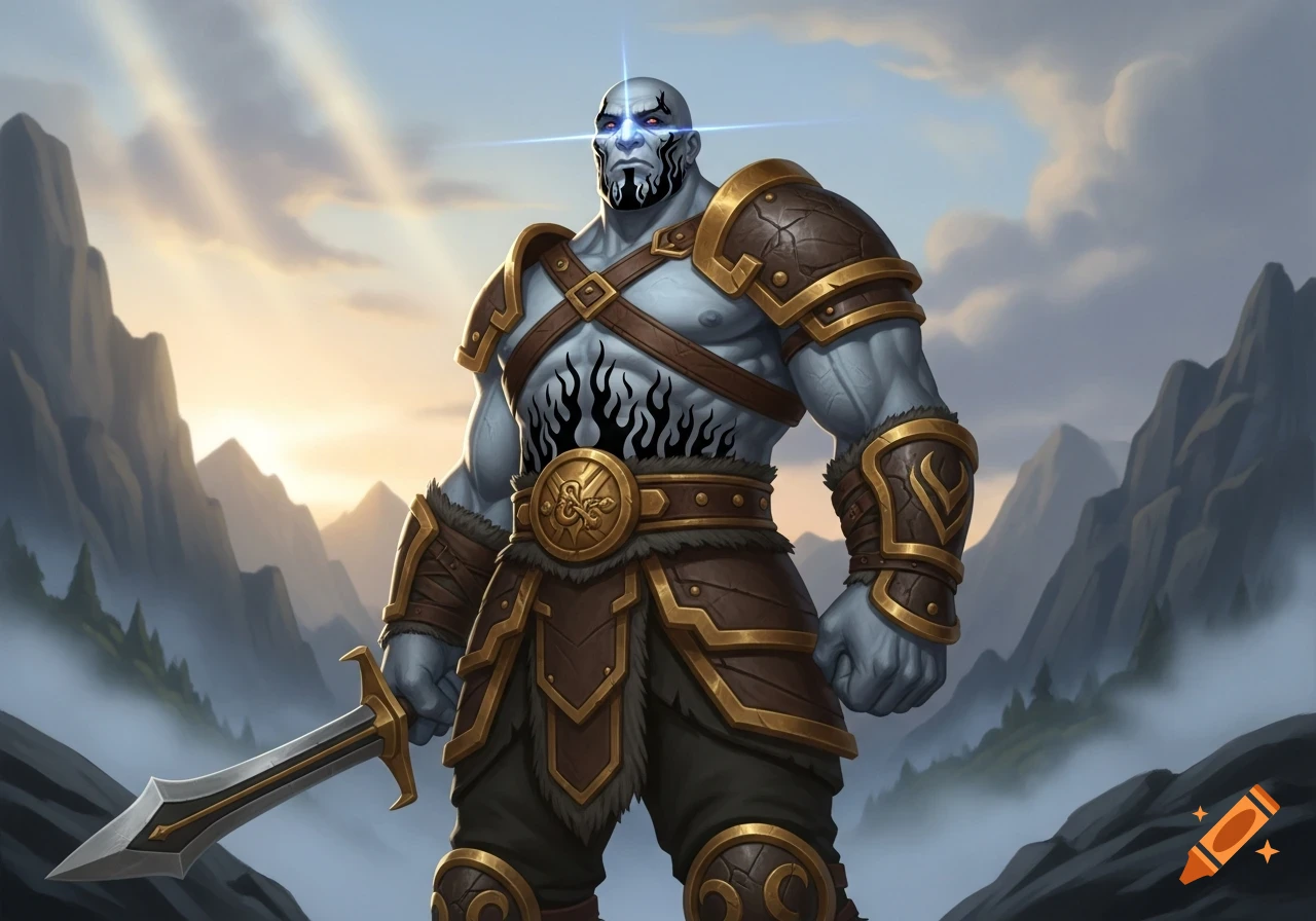 A Dungeons and Dragons style grey Goliath warrior with fire-shaped tattoos, holding a sword, against a mountain backdrop at sunrise.