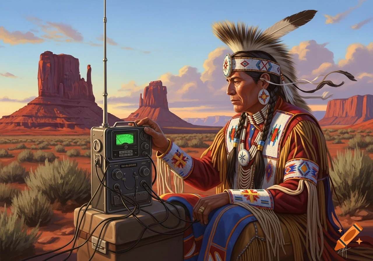 A Navajo man in traditional attire adjusts a portable radio in a desert landscape with red rock formations at sunset.