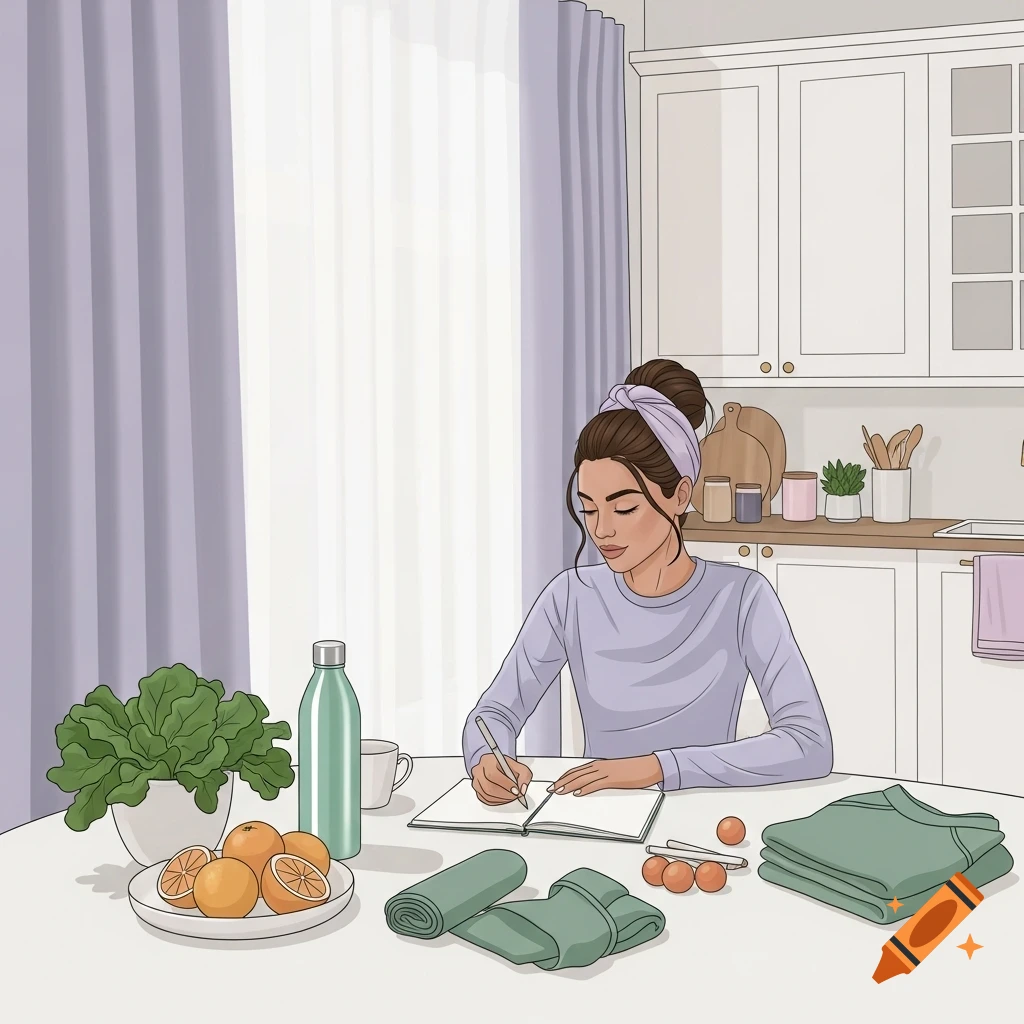 An illustration of a woman journaling at a kitchen table with healthy food, a water bottle, and workout gear.
