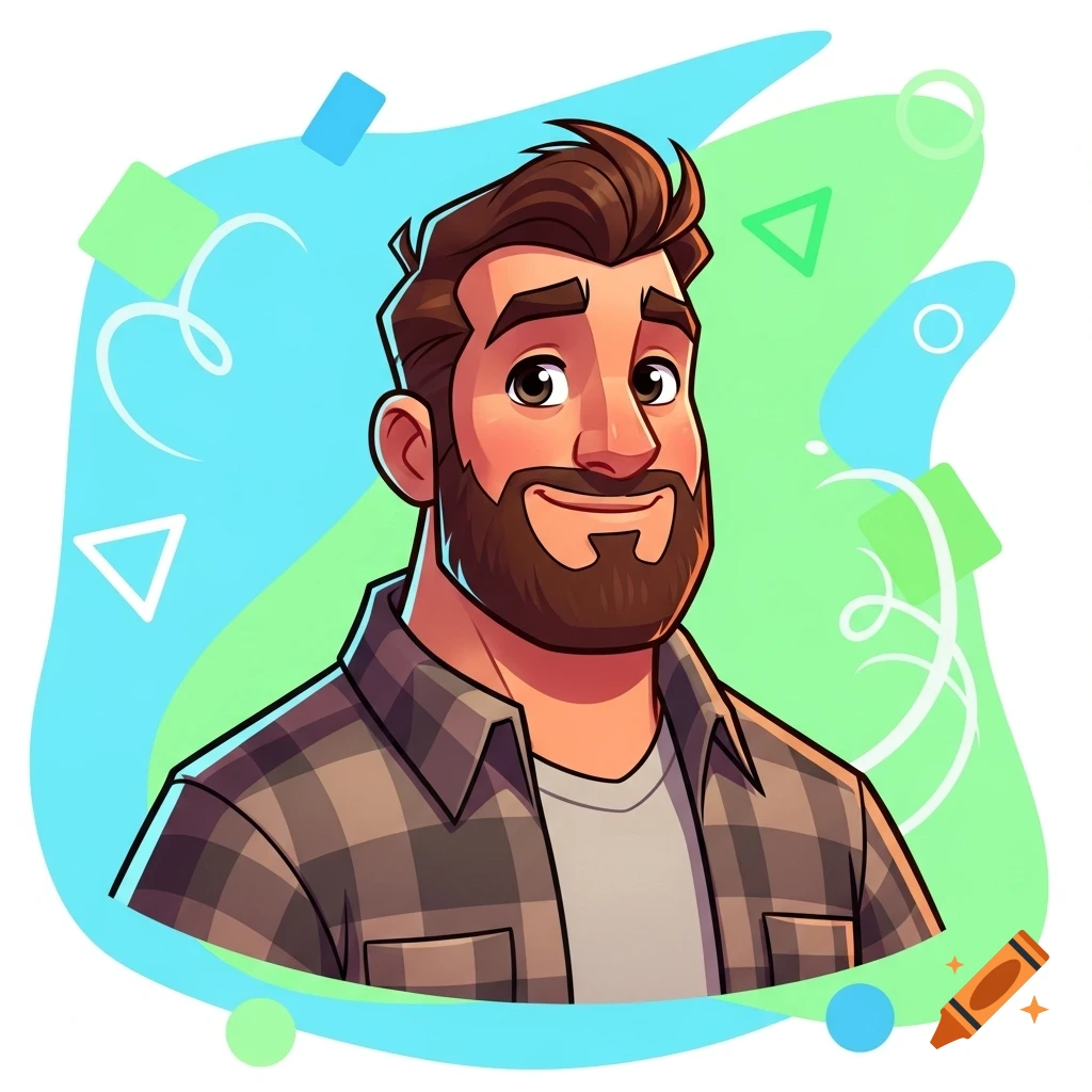 Cartoon avatar of a smiling man with a beard and brown hair in a plaid shirt, against an abstract blue and green background.