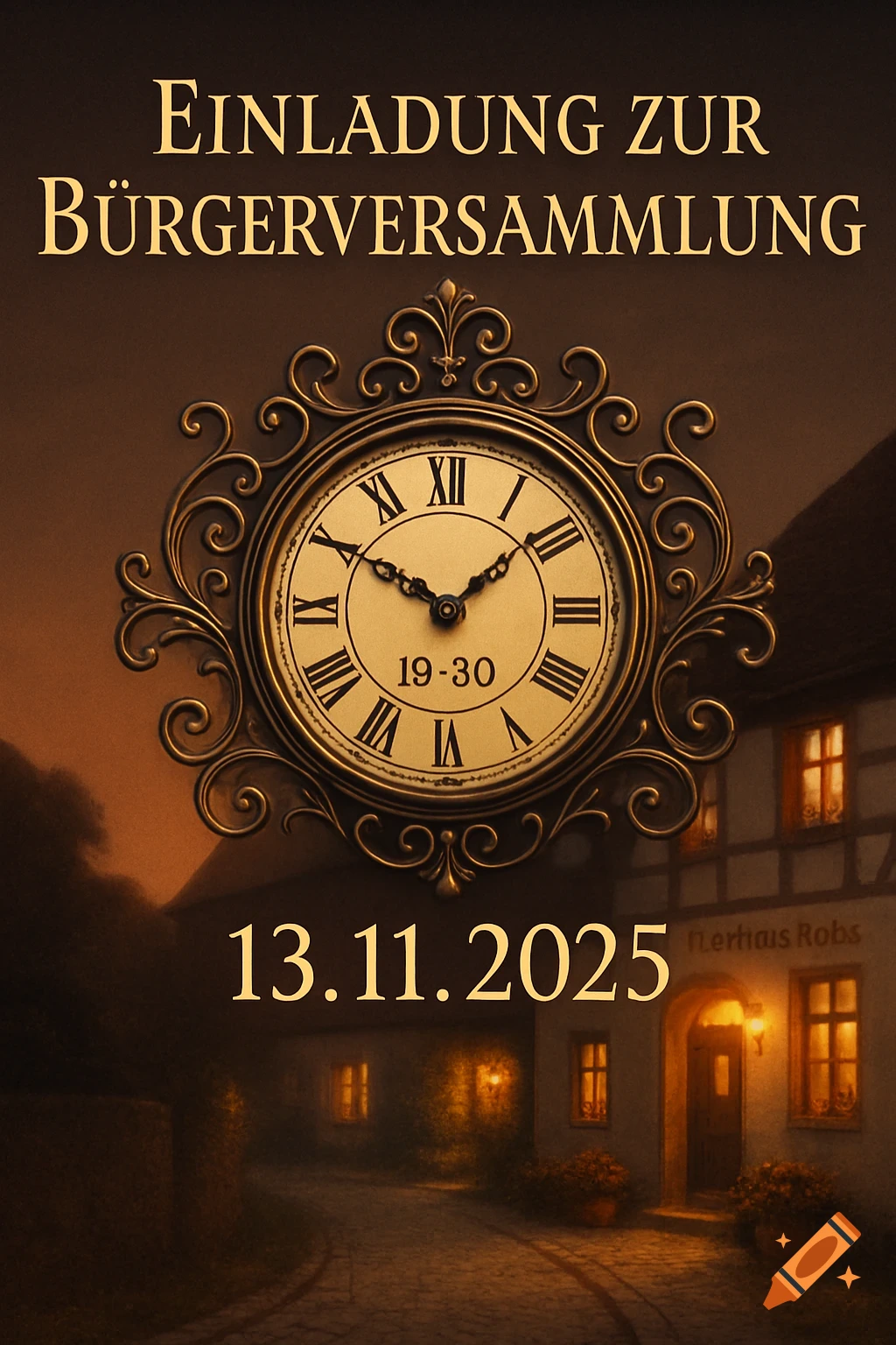 Vintage-style invitation poster with golden German text, an ornate clock showing 19:30, and the date 13.11.2025, set against a dark, rustic village street at dusk.