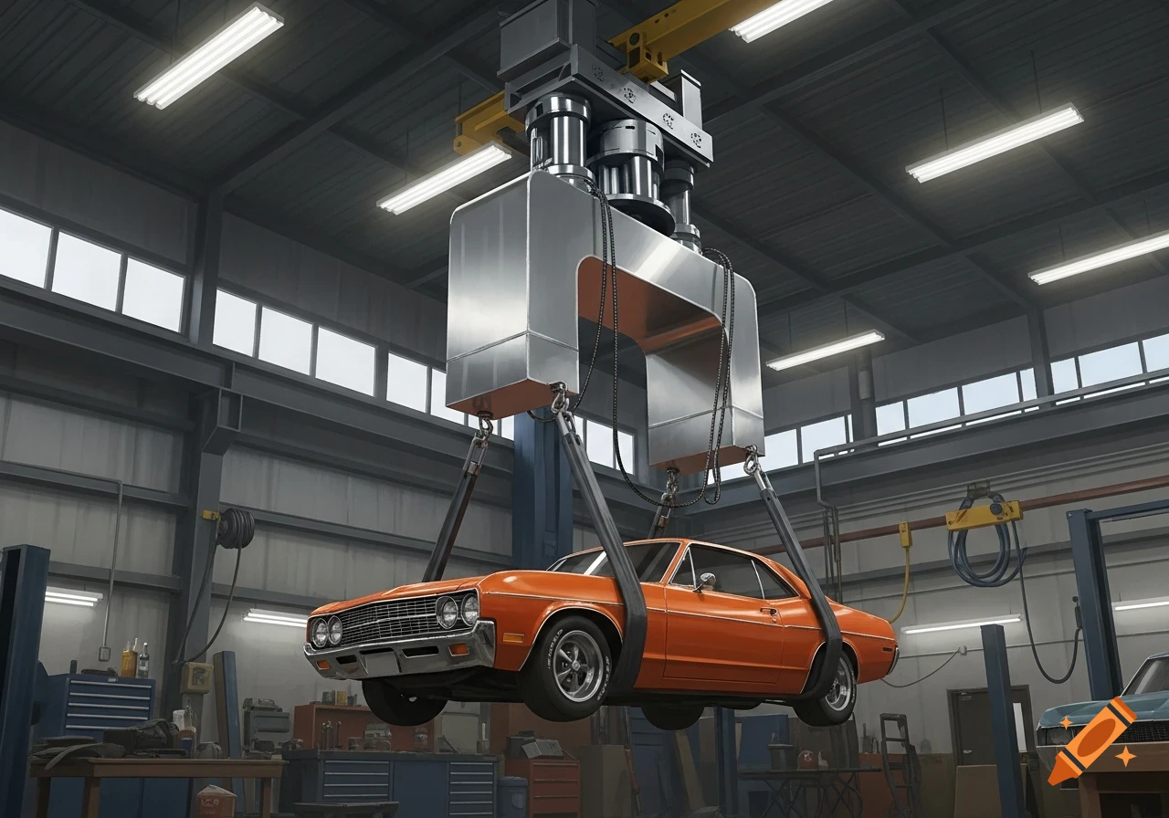 An orange classic car is lifted by a large industrial magnet in a busy auto repair shop, showing detailed machinery and tools.