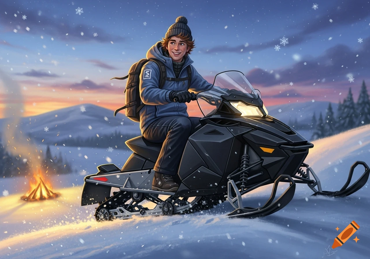 A smiling young man in a beanie and backpack rides a snowmobile through falling snow at dusk, with a campfire and mountains in the background.
