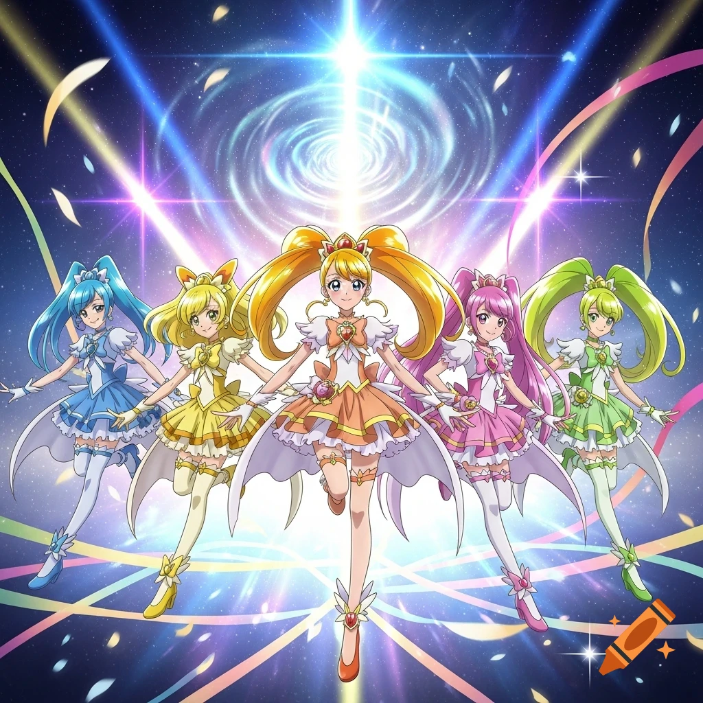 Five anime magical girls in colorful frilly dresses with long hair, standing against a sparkling cosmic background.