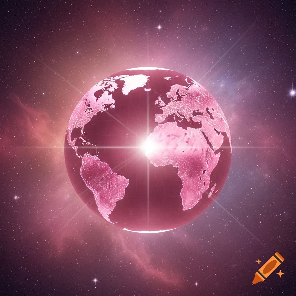 A glowing pink globe of Earth with visible continents and city lights, set against a starry, reddish-purple nebula background.