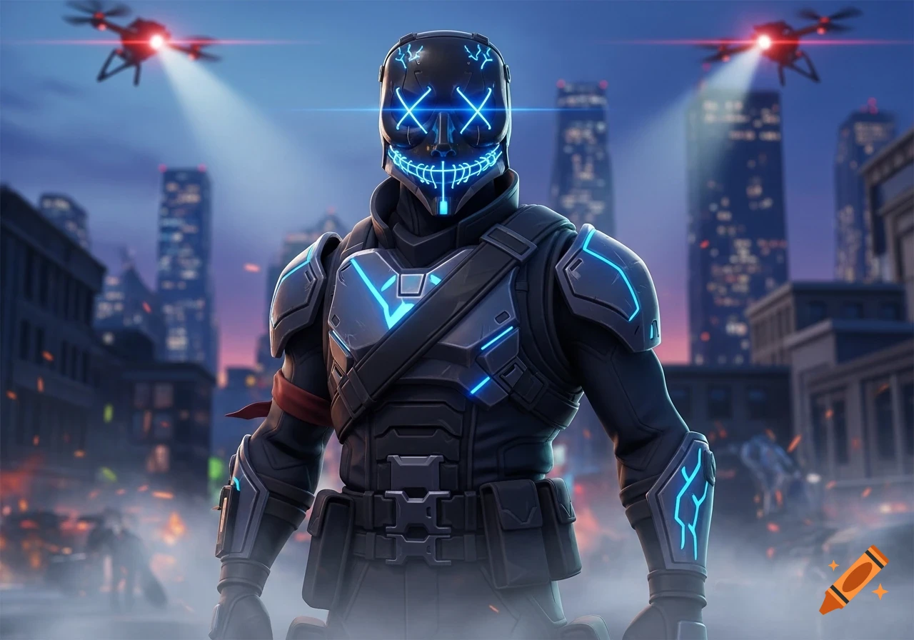 A futuristic soldier in dark armor and a glowing blue 'Purge' mask stands in a city at dusk with drones.
