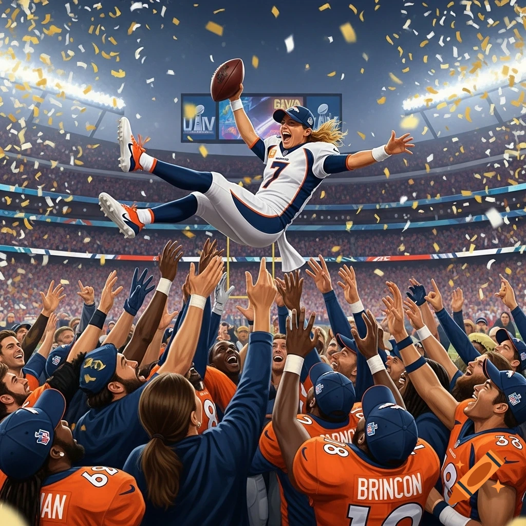 An illustrated scene of a female football player in a Broncos uniform being lifted by her teammates in a stadium, celebrating a Super Bowl win with confetti falling.
