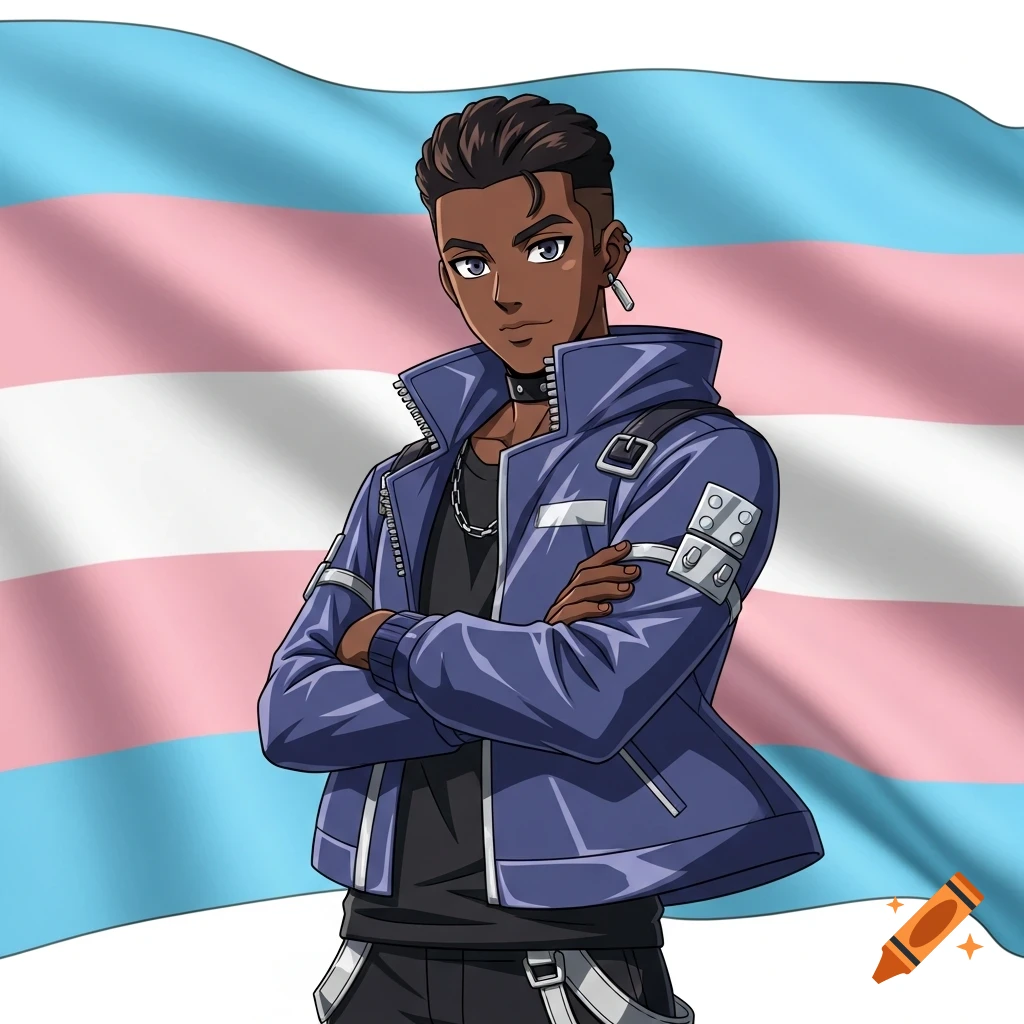 Anime style dark-skinned man with folded arms in a blue jacket, standing against a waving transgender flag.