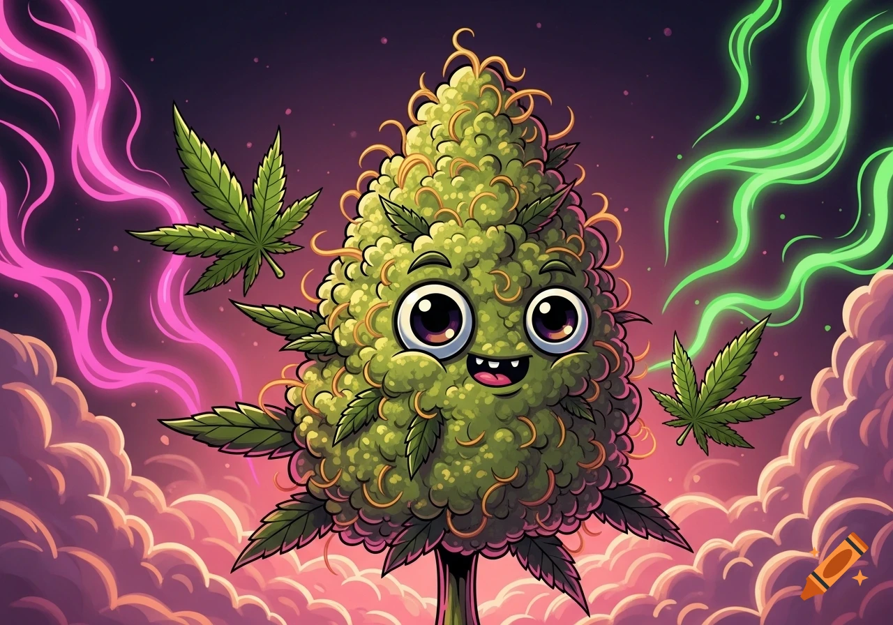 Cartoon cannabis nug with big eyes and a smile, surrounded by marijuana leaves and colorful glowing smoke.