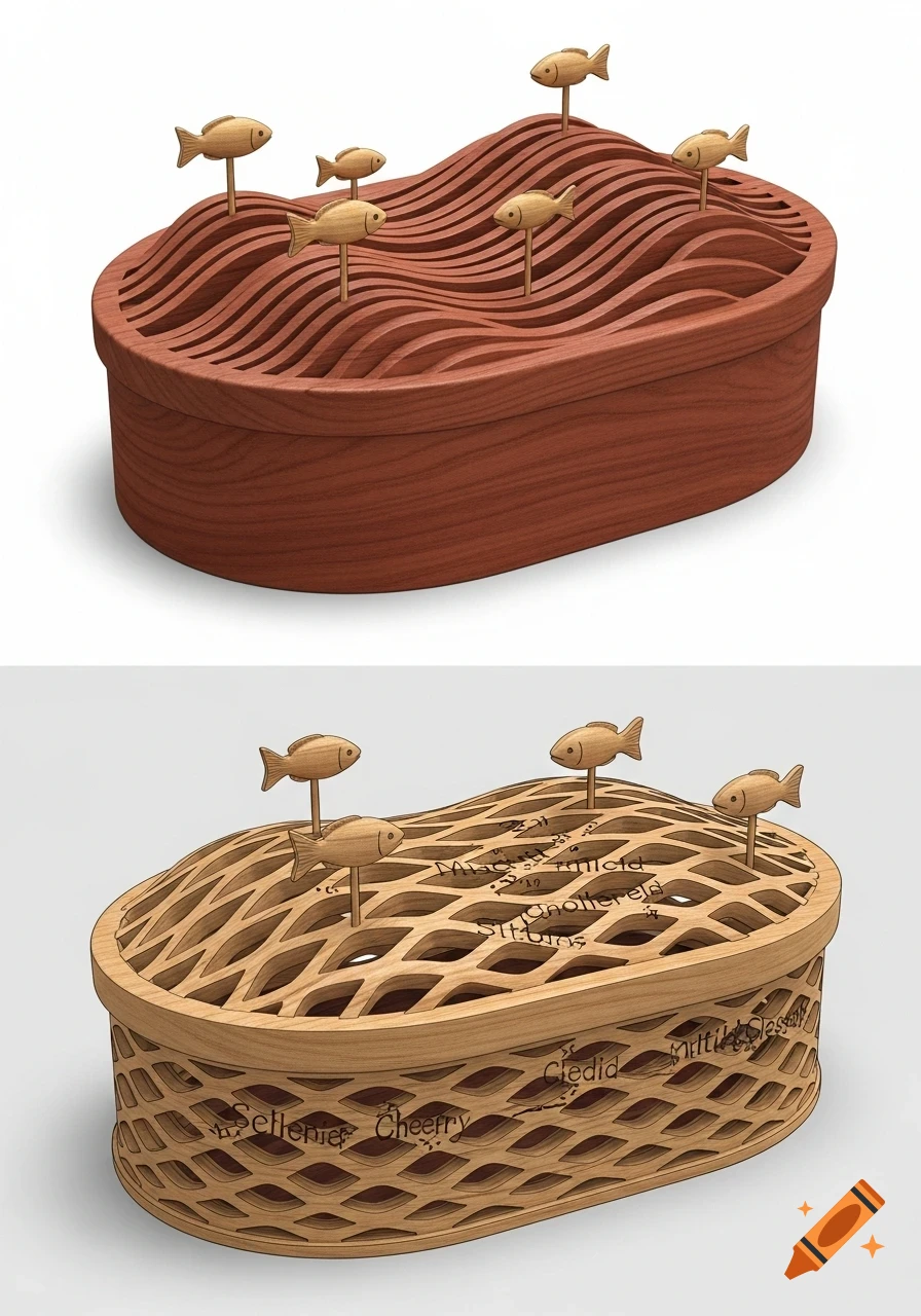 Two wooden decorative boxes/lids, one with wavy layers and the other with an interwoven grid, both featuring small fish on sticks.