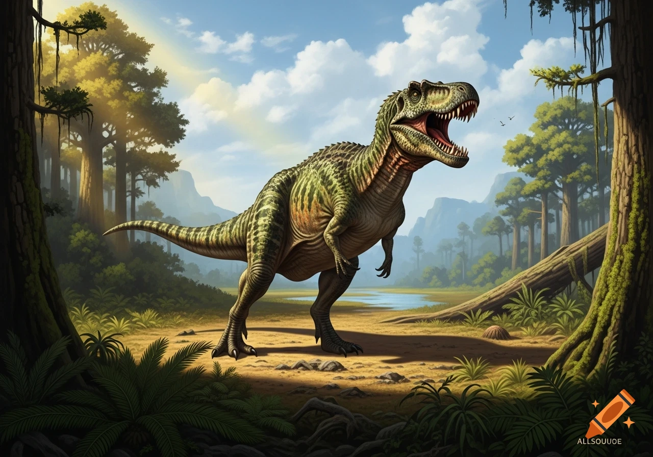 A large, green and brown Allosaurus with its mouth open, stands in a lush prehistoric jungle with trees, a small river, and mountains under a blue sky.
