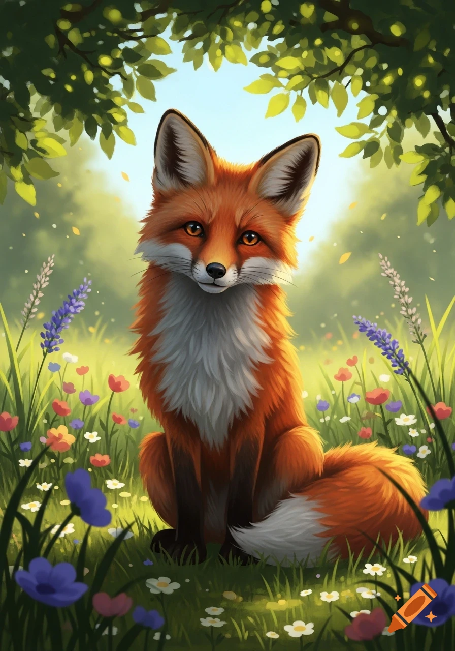 A cute, fluffy red fox sits in a sunny meadow filled with colorful wildflowers and green leaves overhead, in an illustrative style.