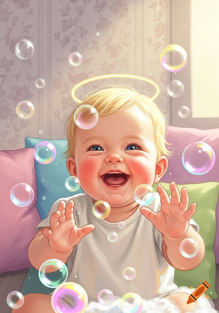 An illustration of a laughing baby with blonde hair, blue eyes, and rosy cheeks, surrounded by colorful bubbles and a glowing halo.