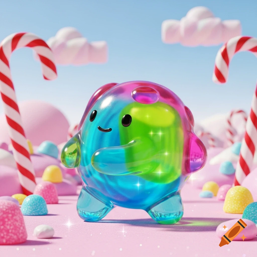 A cute, colorful, translucent jelly creature with a happy face in a vibrant 3D candy land scene with candy canes and gumdrops.