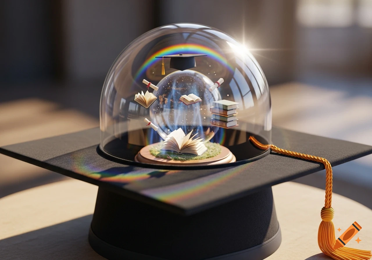 A graduation cap with a glass dome featuring miniature floating books, diplomas, and a cap, with a glowing effect and rainbow reflections.