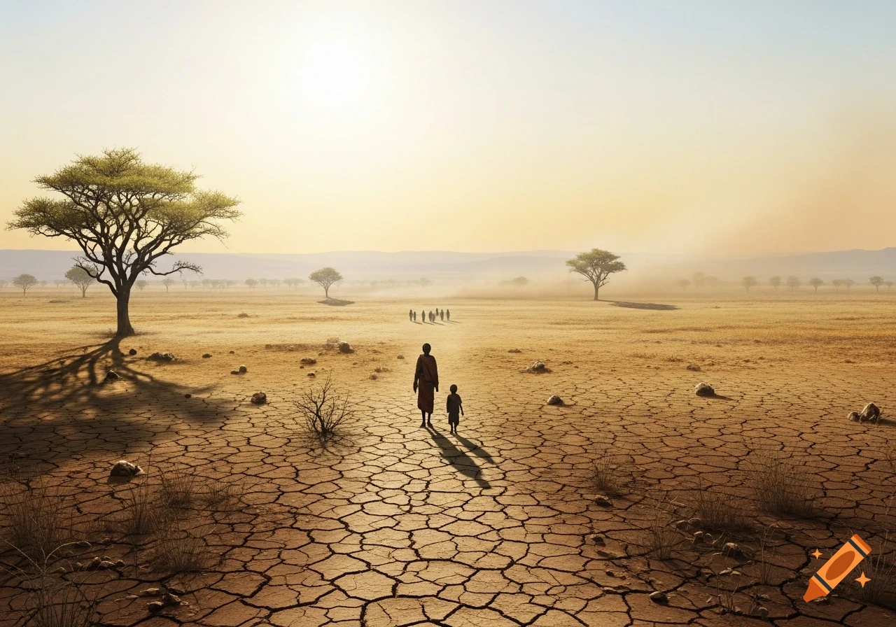 A person and child walk across a vast, cracked, dry landscape at sunrise, with more people in the distance and sparse trees.