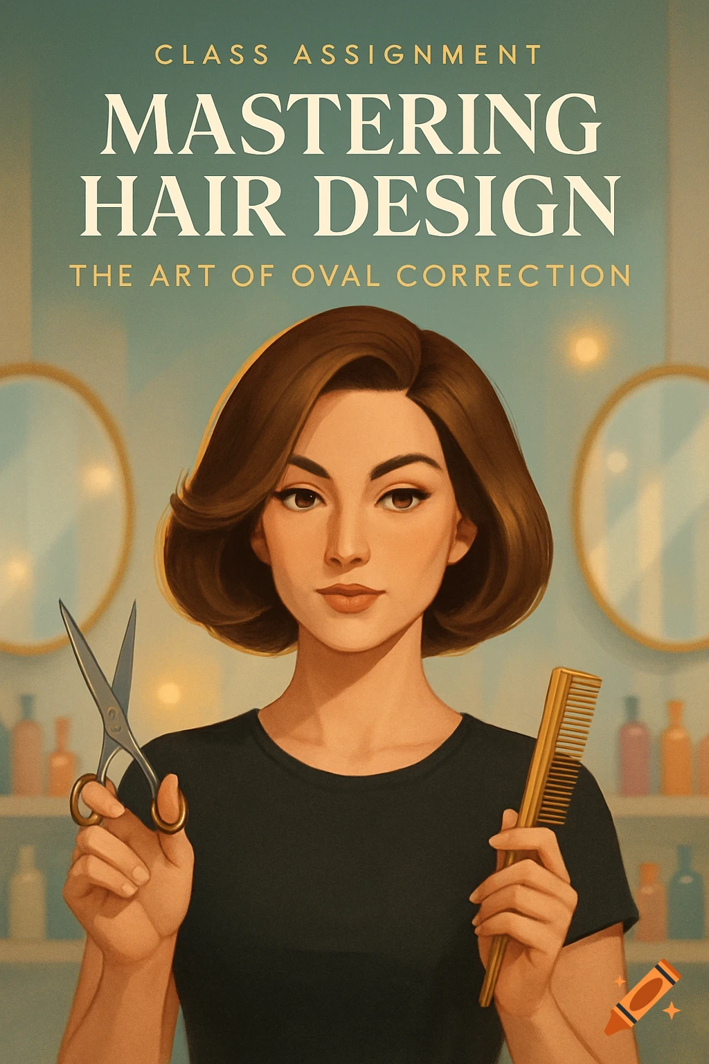 An illustration of a woman with a bob haircut holding hairdressing scissors and a comb in a salon, with text 'Mastering Hair Design: The Art of Oval Correction'.